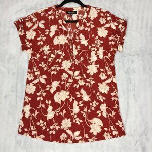 Lily Morgan Top Rust Floral Short Sleeve Sz Medium Satiny Flowy Fabric